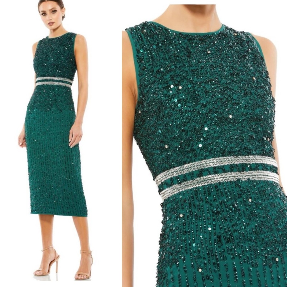Mac Duggal New Green Sleeveless High Neck Beaded Midi Sheath Dress 10509 size 8